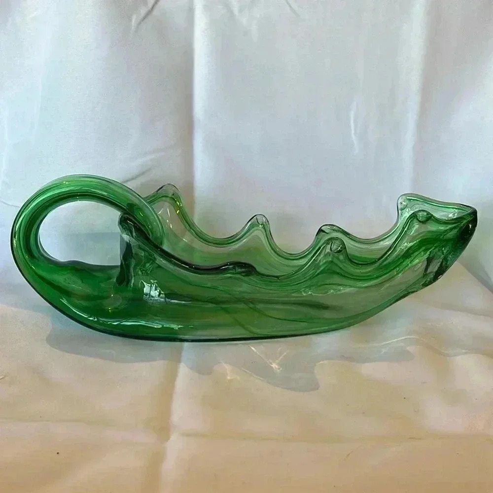 Vintage 70s MCM Atomic Murano Style Hand Blown Green Glass Abstract Vase Bowl